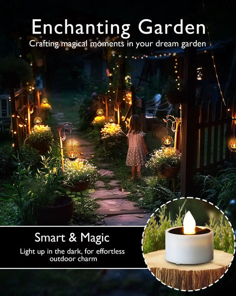 8 Pack Solar Tea Lights Outdoor Waterproof Rechargeable Dusk To Dawn Flameless Flickering LED Votive Candles illuminating garden path.