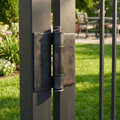 16 Piece Beefy Weld On Hinges Set Heavy Duty 3 Inch Steel Butt Hinges installed on a garden gate with greenery