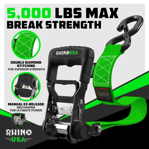 Heavy Duty Ratchet Tie Downs 4 Pack With Ez Release System 1.6 Inch By 15 Feet showing green strap and ratchet with 5000 lbs break strength.