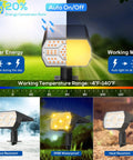 Solar Outdoor Lights 56 LED Spotlight with 3 Modes IP68 Waterproof features and modes illustration