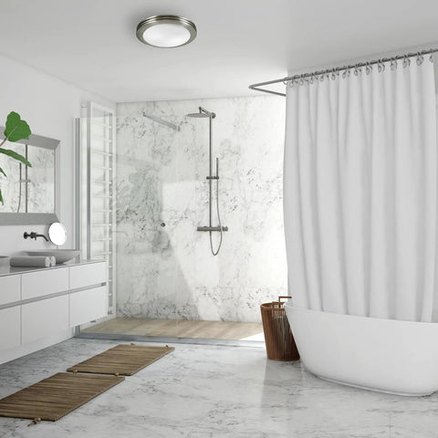 Yorkshire Decorative Bathroom Exhaust Fan With Light 80 CFM 2.5 Sones Brushed Nickel Finish installed in modern bathroom