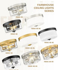 Farmhouse ceiling light series with various finishes, including Dope Matte Black Two Light Flush Mount Ceiling Light Fixture with Seeded Glass.