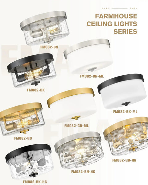 Farmhouse ceiling light series with various finishes, including Dope Matte Black Two Light Flush Mount Ceiling Light Fixture with Seeded Glass.