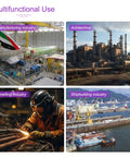 Collage of industrial uses including manufacturing, architecture, smelting, and shipbuilding with relevant images and labels.