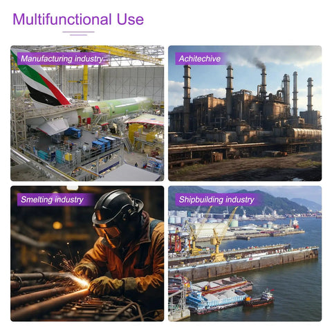 Collage of industrial uses including manufacturing, architecture, smelting, and shipbuilding with relevant images and labels.