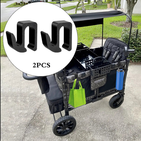 Multipurpose Side Hooks For Wonderfold Wagon W4, 2 pack, attached to a black wagon carrying bags and small items