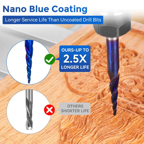 Close-up of Eight Piece CNC Router Bit Set With One Quarter Inch Shank Carbide End Mills for woodworking and engraving.