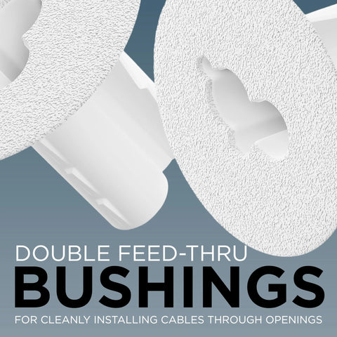 White dual feed-through coax bushing grommets on packaging; textured circular rings labeled BUSHINGS.