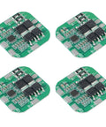 Pack Of Four Heavy Duty Bms For 18650 Lithium Ion Cells With Dead Simple Plug And Play Wiring And Built Tough Short Circuit Safety Protection And Smooth Automatic Balancing, 4 green circuit boards, 35x35mm size.