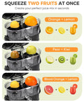 Amzpass Dual Head Electric Orange Juicer With Built In Cutter Citrus Squeeze Machine showing dual fruit juicing with orange and lemon.