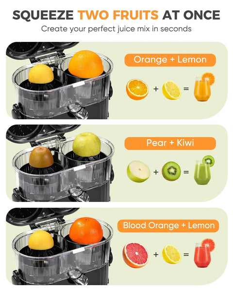 Amzpass Dual Head Electric Orange Juicer With Built In Cutter Citrus Squeeze Machine showing dual fruit juicing with orange and lemon.