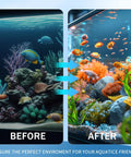 Before and after image of a fish tank showing improved clarity with vibrant aquatic life after using 9 In 1 Aquarium Test Strips 150 Count Fish Tank Water Testing Kit.