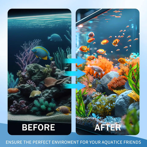 Before and after image of a fish tank showing improved clarity with vibrant aquatic life after using 9 In 1 Aquarium Test Strips 150 Count Fish Tank Water Testing Kit.