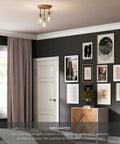 Ophelia 3 Light Semi Flush Ceiling Fixture In Gold Brass With Clear Glass Shades For Hallways Dining Rooms And Bedrooms Modern Farmhouse Style Perfect For Entryways Kitchens And Living Areas installed in a stylish living room with framed art on a dark wall.
