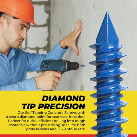 Pro Grade Self Tapping Concrete Screws With Tough Diamond Point And Flat Phillips Head 3/16 X 1-1/4 Inches Heavy Duty Blue Steel Fasteners For Hassle Free Rock Solid Mounting On Brick And Concrete