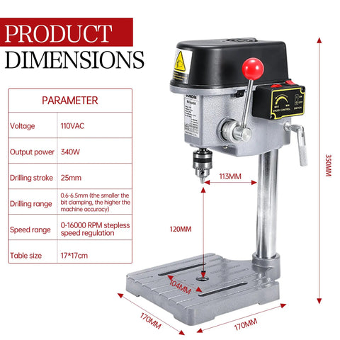 Powerful Benchtop Drill Press With 340W 110V And Stepless 0 To 16000 RPM 25mm Stroke Drill Chuck 0.6 To 6.5mm shown with dimensions