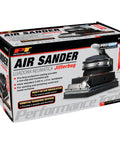 Top Shelf Pneumatic Orbital Sander With Built In Air Regulator And Rubber Over Mold Grip packaging view for workshop use.