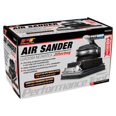 Top Shelf Pneumatic Orbital Sander With Built In Air Regulator And Rubber Over Mold Grip packaging view for workshop use.