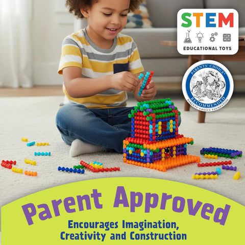 Child playing with Playstix Construction Toy Set With Building Sticks For STEM Classrooms And Home Play Kid Friendly For Kids Ages 4 And Up 150 Piece Kit Color Coded Sticks For Open Ended Building And Creative Learning