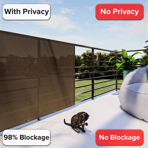 Balcony Privacy Fence Screen 3 Ft By 12 Ft Mesh Windscreen For Deck Porch Backyard Patio UV Blocking HDPE In Brown With Brass Grommets installed on balcony, showing privacy difference with and without screen.