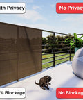 Straight Up Heavy Duty Balcony Privacy Fence Screen Mesh Windscreen Block Sunlight And Breeze For Deck Patio Porch Backyard Outdoor Shade Cover Brown With Grommets on a balcony with cat.