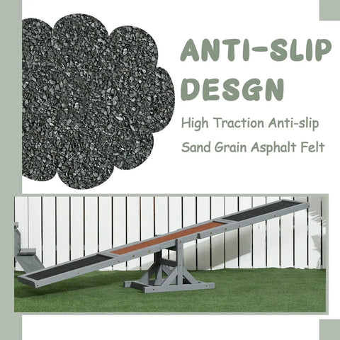 71 Inch Outdoor Dog Agility Seesaw with anti-slip design and asphalt felt surface, ideal for training and backyard fun.