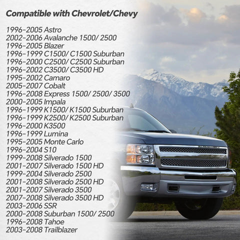 MAP Sensor Replacement For GM Vehicles Plug And Play Fits Chevrolet Astro Impala Silverado Tahoe Buick Lacrosse Lucerne Cadillac Escalade STS Easy Swap With 213-4434 16187556 And Other Compatible Part Numbers. Chevy fitment list image with Silverado front view