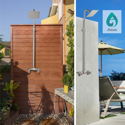Outdoor Shower Kit with Brushed Nickel Finish All Metal Construction Built To Last 6 Inch Rain Shower Head with 360 Degree Rotation Adjustable Slide Bar Dual Handle Mix Valve Rust Resistant Stainless Steel and Brass for Outdoor Use