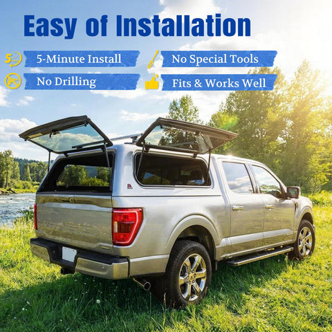 Heavy Duty 15 Inch 30 Pound Gas Struts And Spring Lift Supports No Sweat Drop In Swap For Truck Caps Camper Shells Window Leers Canopy Toolboxes And Lockers Pair on a truck with open camper shell.