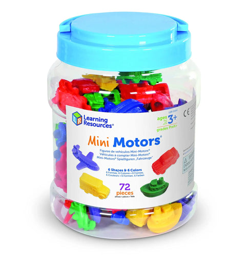 Awesome 72 Piece Mini Motor Car Counters And Sorting Set For Kids Ages 3 Plus in a clear tub with colorful vehicles.