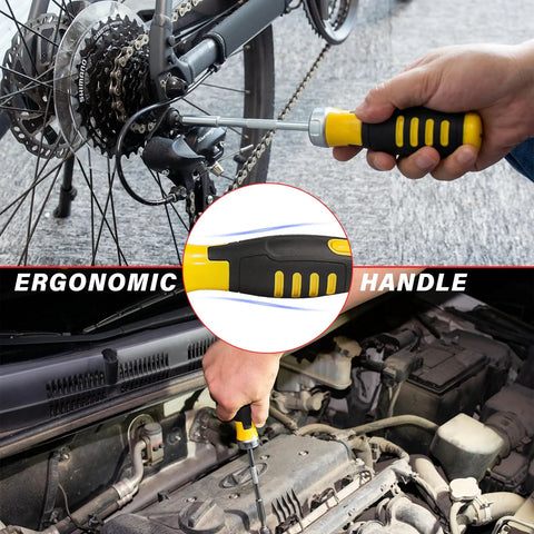 Using 28 Piece Magnetic Ratcheting Screwdriver Set With CRV Bits Nut Drivers And Telescoping Magnetic Pickup Tool for bike repair