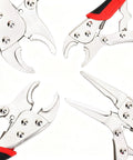 Locking Pliers Set Four-Piece With Heavy Duty Anti-Pinch Non-Slip Grip, showing curved jaws and long nose design.
