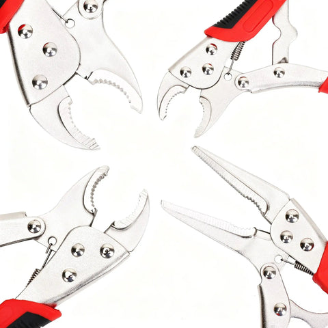 Locking Pliers Set Four-Piece With Heavy Duty Anti-Pinch Non-Slip Grip, showing curved jaws and long nose design.