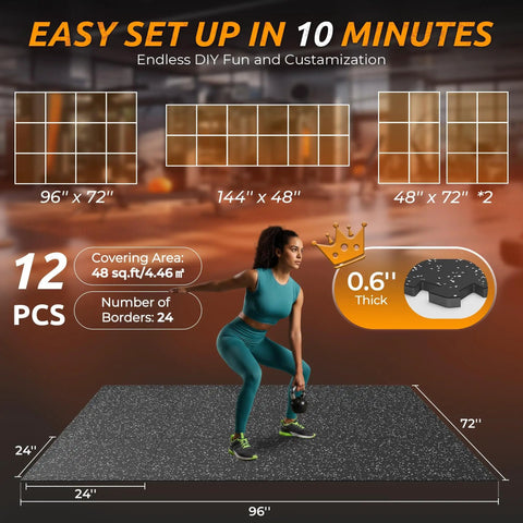 Interlocking 0.6 Inch Thick Rubber Gym Flooring Mats for Home Gym and Garage, 12 Pieces Covering 48 Sq Ft, easy setup.