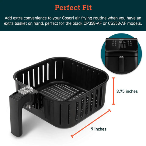 Replacement Inner Basket For 5.8 Quart Air Fryer Fits CP358-AF CS358-AF Models Nonstick Dishwasher Safe BPA Free CA Prop 65 Compliant ETL Listed No Sweat Cleanup CAF-P582B with size dimensions