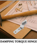 No Brainer 304 Stainless Steel Damping Torque Hinges With Soft Close Positioning next to hammer and instructions