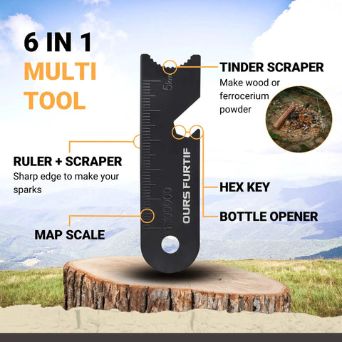 6-in-1 multi-tool striker from Fire Starter Survival Kit with 3 Eighth Inch Ferro Rod, features ruler, scraper, and bottle opener.