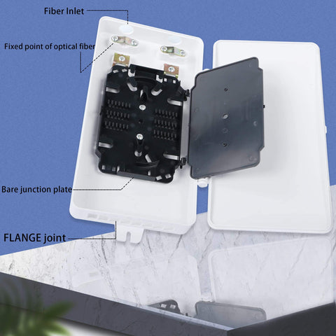 Open eight-port SC fiber optic terminal box showing fiber inlet and junction plate for termination and distribution in networks.