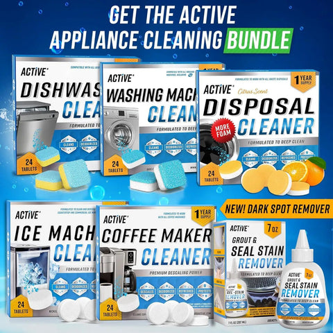 Active appliance cleaning bundle featuring Washing Machine Cleaner tablets, 24 pack, eco-friendly, designed for deep cleaning.