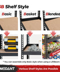 Various shelf styles for Heavy Duty Black Metal Shelving Unit Five Tier Garage Storage Rack shown with Basic, Basket, and Blended options.