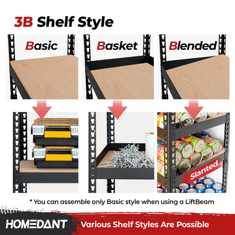 Various shelf styles for Heavy Duty Black Metal Shelving Unit Five Tier Garage Storage Rack shown with Basic, Basket, and Blended options.