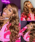Woman wearing Body Wave Human Hair Bundles 100 Percent Unprocessed Burmese Hair Double Weft Quick Weave P4 27 Brown Honey Blonde Piano