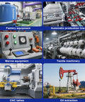 Equipment collage showing factory, marine, textile, CNC lathes, automatic production line, and oil extraction machinery.