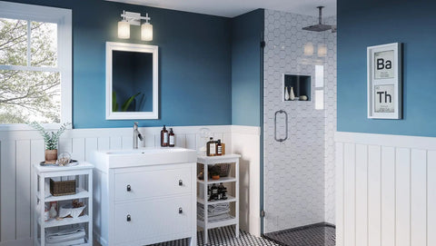 Modern bathroom with two light polished chrome bath light with opal etched glass shades for a warm milky glow above mirror