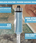 Close-up of Flush Trim Router Bit With Half Inch Shank And Two And A Half Inch Cutting Depth showing tungsten carbide and non-stick coating.