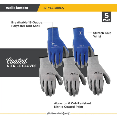 Nitrile Coated Work Gloves For Men With Abrasion And Cut Resistance, Lightweight And Breathable, Built For Tough Jobs In Construction, Automotive, And Gardening, Blue Grey, Large Size, 5 Pack