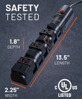 VoltSpin Surge Protector Power Strip With 6 Rotating Outlets Flat Plug Long Cord, dimensions shown, UL listed certification