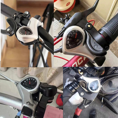 7 Speed Thumb Shifter Set For Bikes, Left 3 Speed Front And Right 7 Speed Rear, close-up of TX50-7 Lever Pair on handlebars