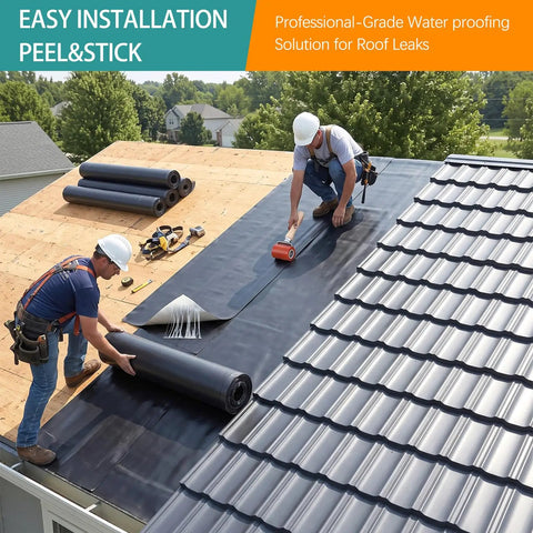 Hella Durable 40X20 Foot EPDM Rubber Roofing Membrane Roll With Self Adhesive Reinforced Waterproofing Sheet for Roofs and Patios Includes Seam Roller for No Stress Install being installed on a roof.