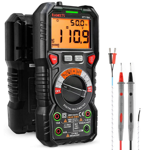 Digital Multimeter TRMS 6000 Counts Auto Ranging Voltmeter for auto techs and DIYers, black with bright backlit display and probes